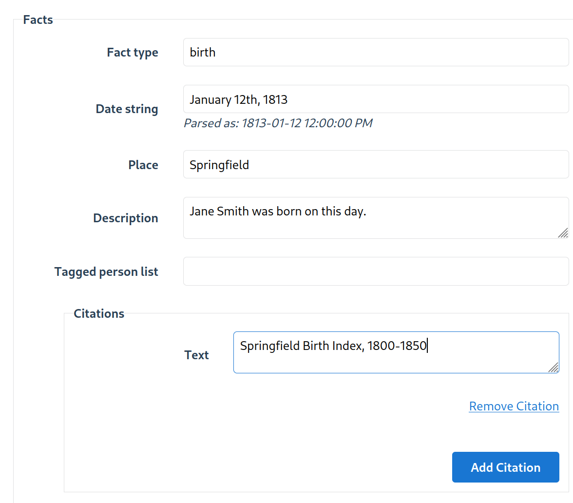 A screenshot of the facts and citations editor